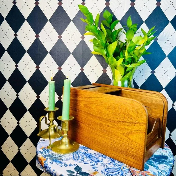 Teak Tambour Door Vintage Desktop Organizer| Recipe Card or Letter Holder - Picture 9 of 17